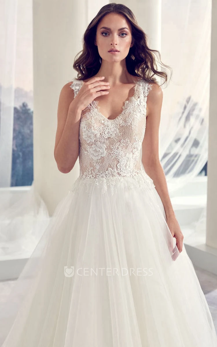 Ball-Gown Long Appliqued Sleeveless V-Neck Tulle Wedding Dress With Illusion Back And Pleats