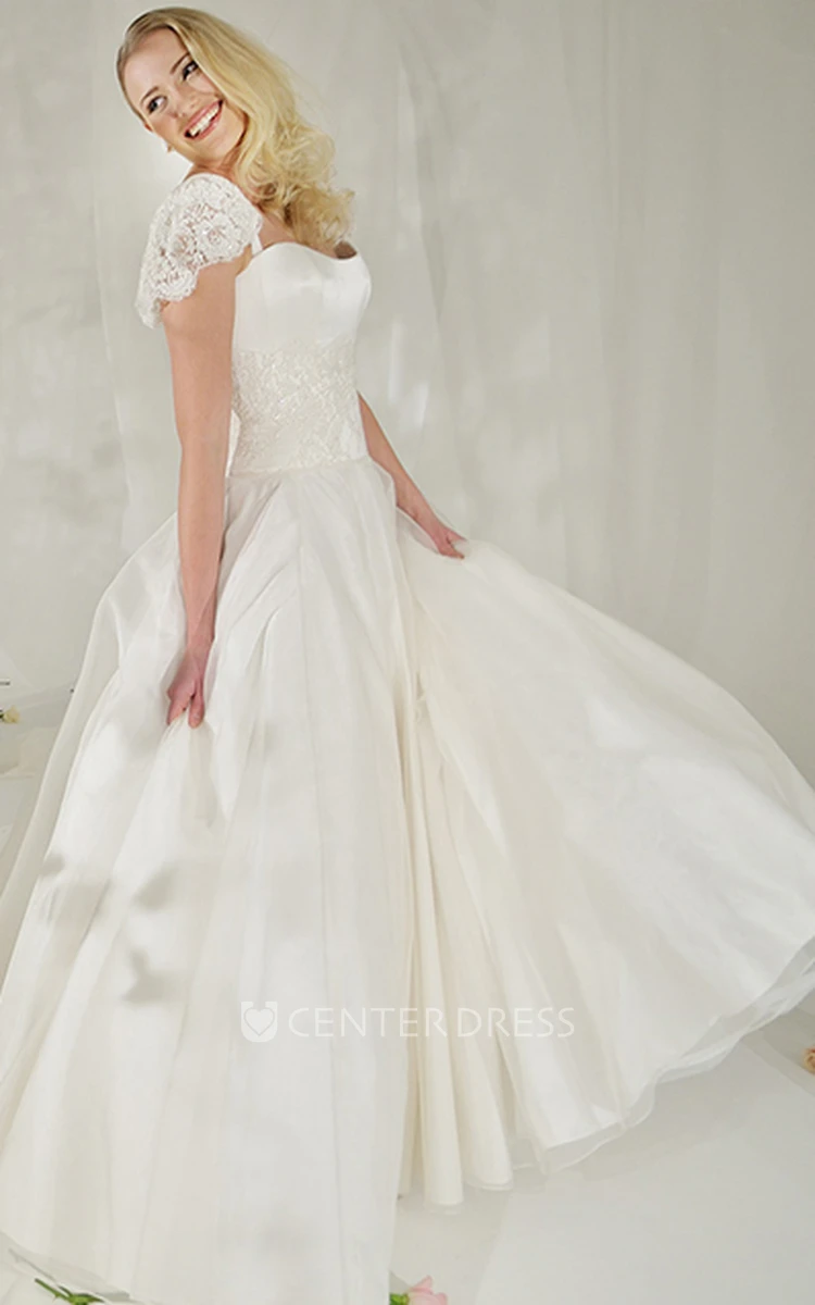 A-Line Cap-Sleeve Floor-Length Tulle&Satin Wedding Dress With Lace And Court Train
