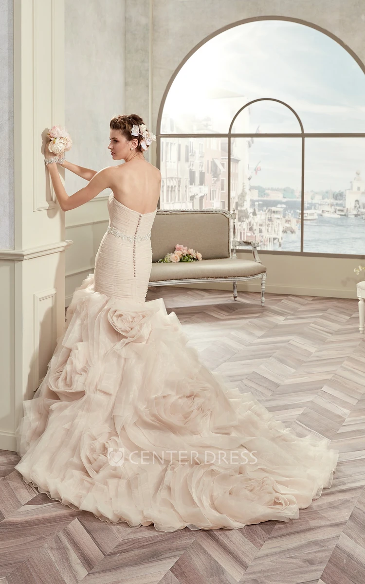 Sweetheart Pleated Bridal Gown With Floral Ruffles And Beaded Belt