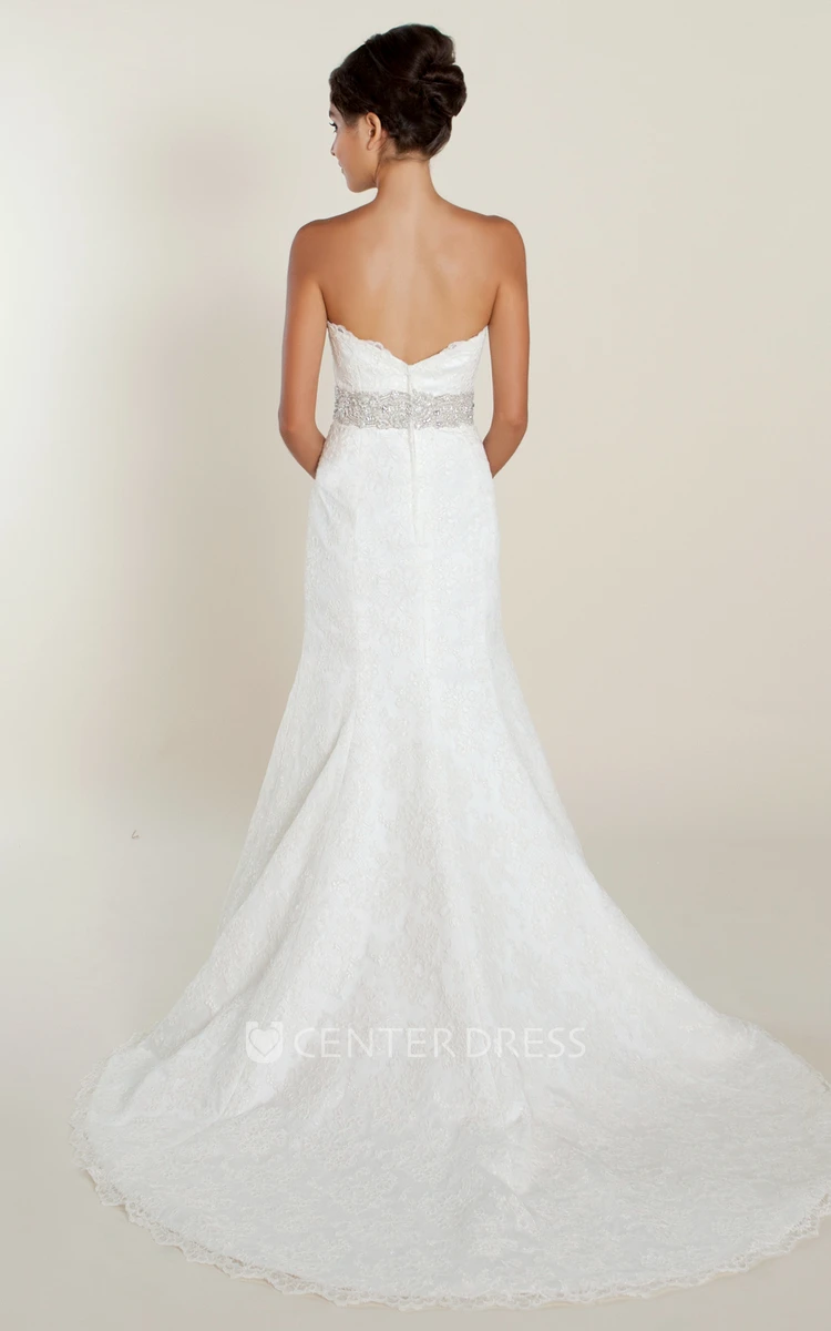 Sheath Long Jeweled Sweetheart Lace Wedding Dress With Appliques And V Back