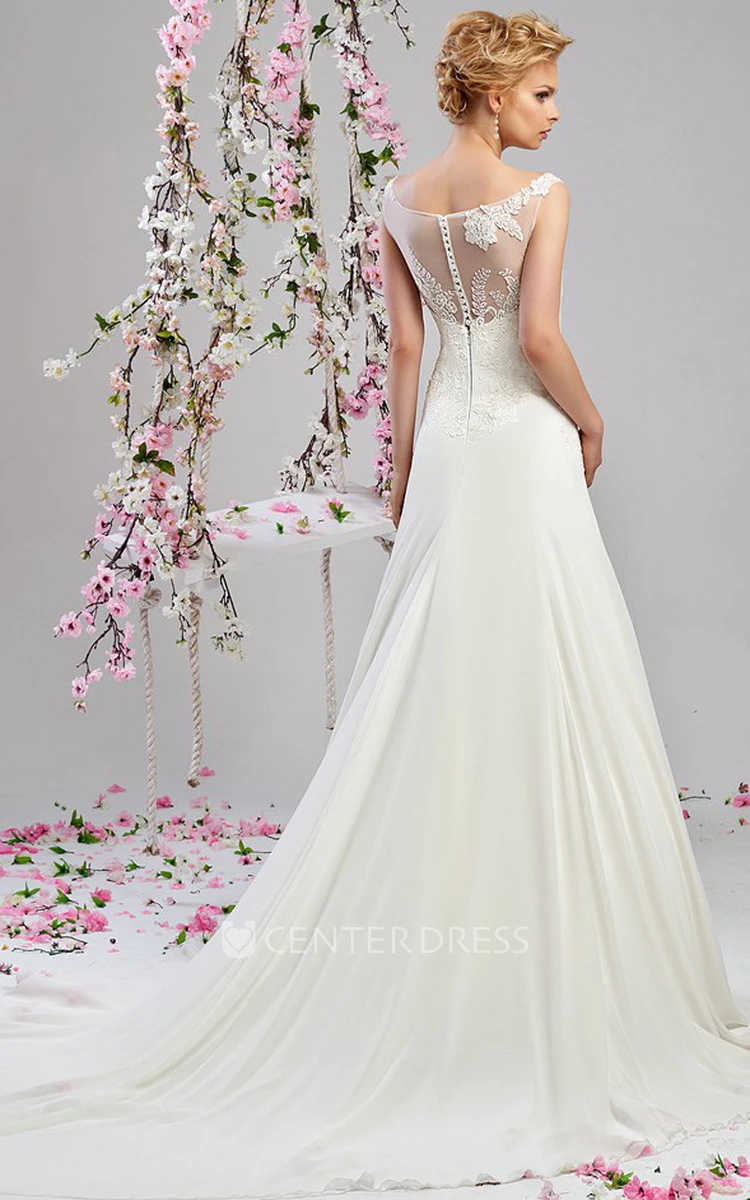A-Line Bateau-Neck Appliqued Sleeveless Long Chiffon&Satin Wedding Dress