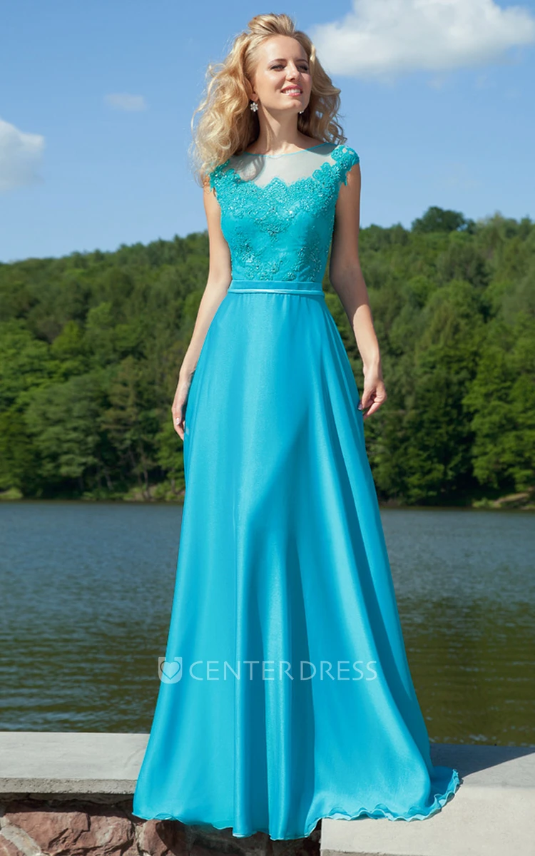 Long Appliqued Jewel-Neck Cap-Sleeve Chiffon Prom Dress With Bow