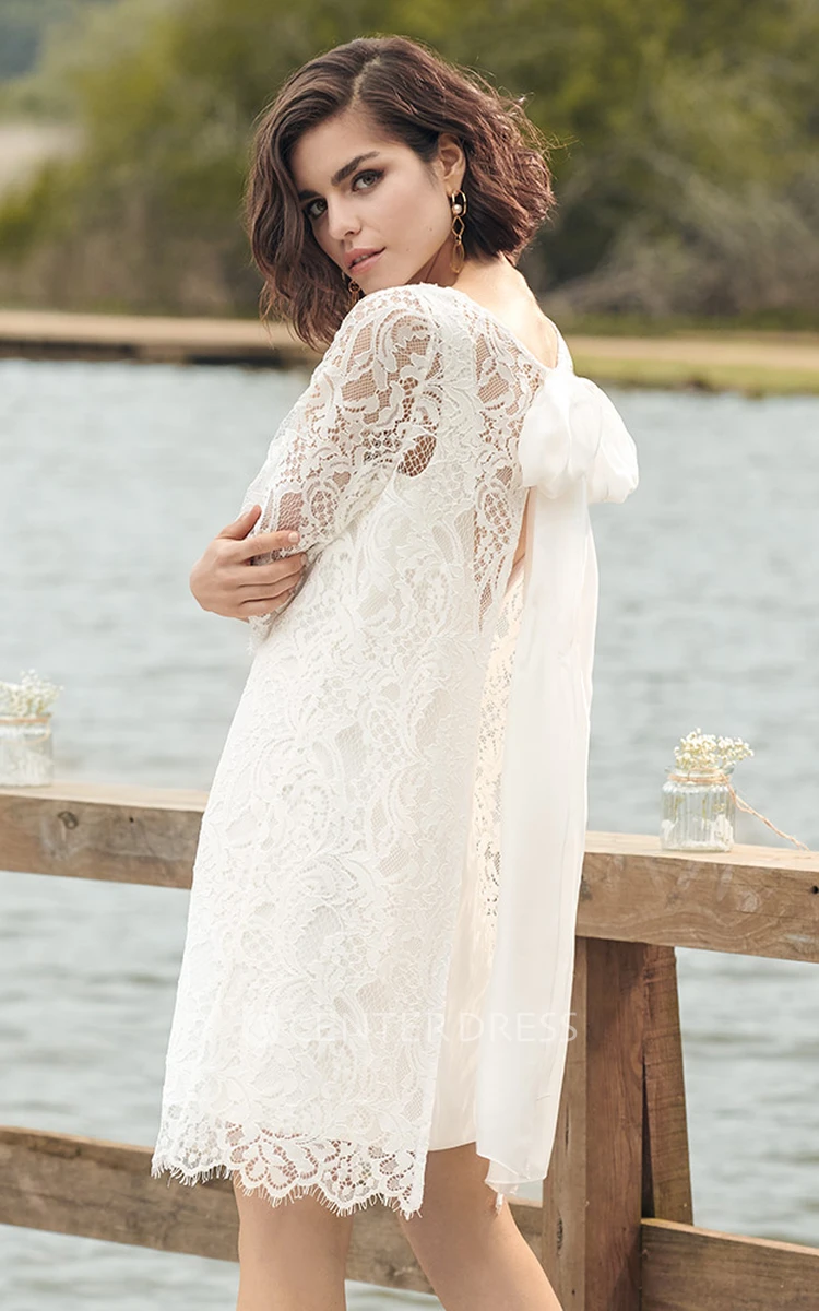 Modern Lace A Line Knee-length 3/4 Length Sleeve Bateau Wedding Dress with Bow
