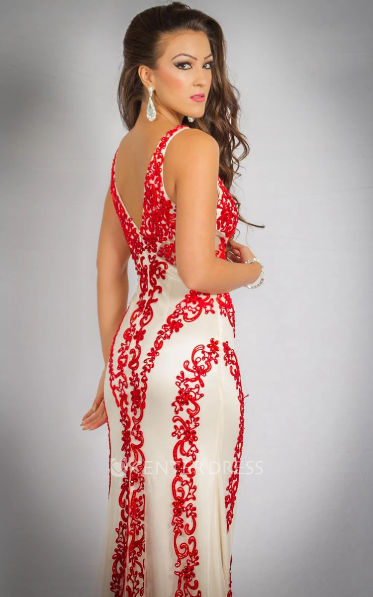 Floor-Length V-Neck Beaded Tulle&Satin Prom Dress With V Back