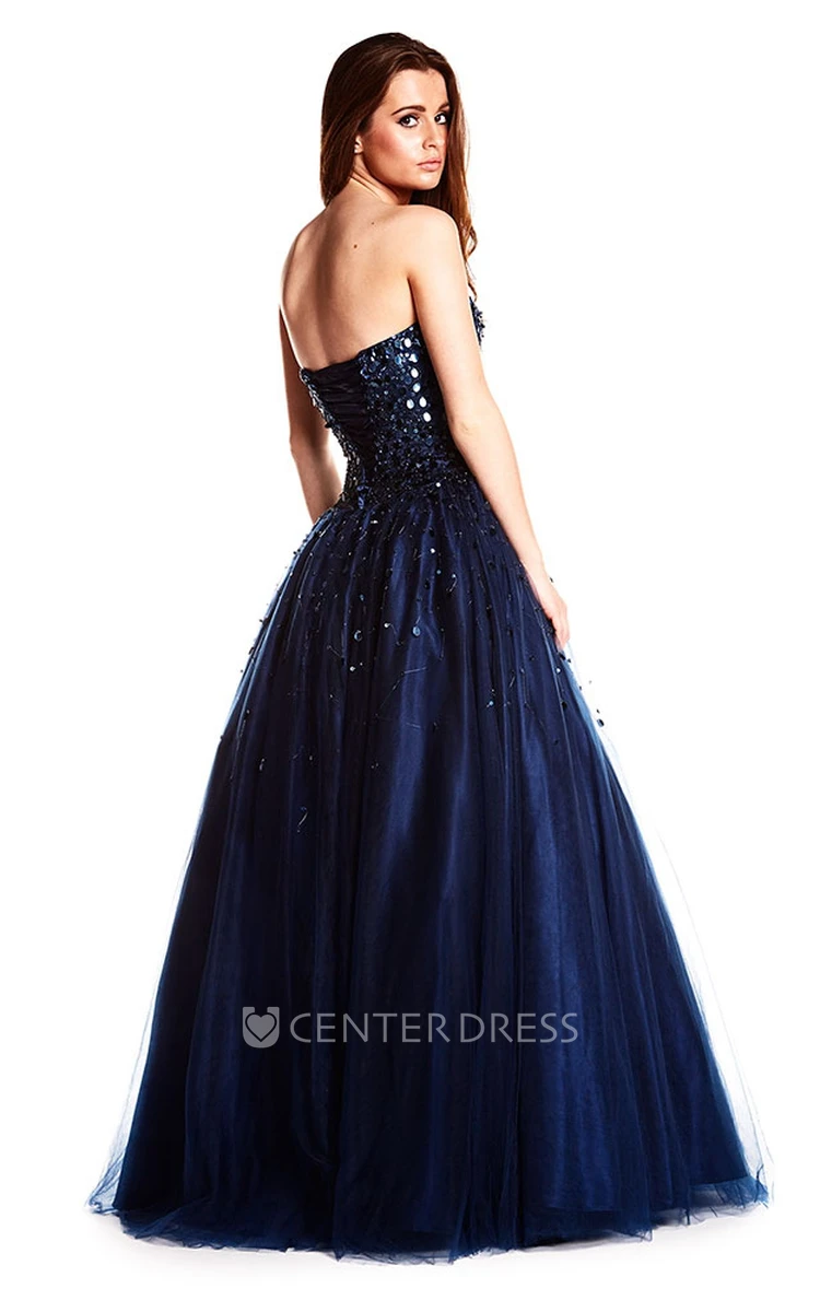 Maxi Strapless Beaded Tulle Prom Dress With Sequins And Corset Back