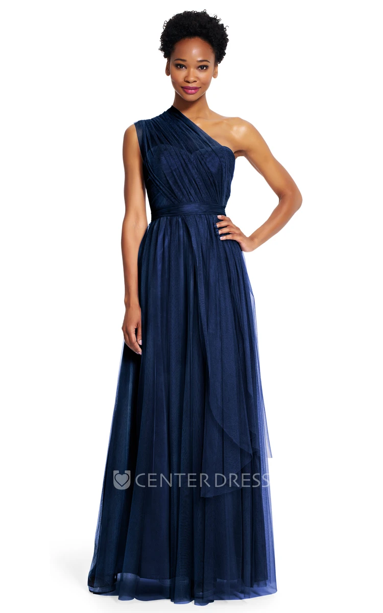 A-Line Long Ruched Strapped Sleeveless Tulle Bridesmaid Dress With Sash