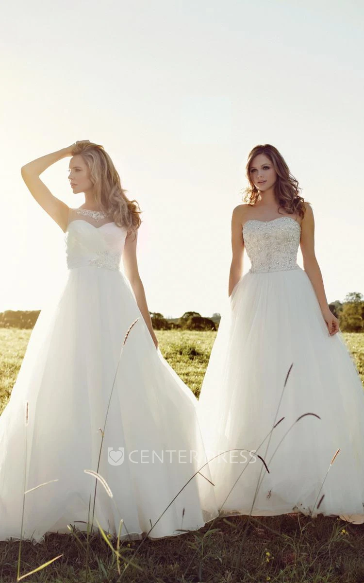 A-Line Scoop Criss-Cross Sleeveless Maxi Tulle&Satin Wedding Dress With Beading And Flower