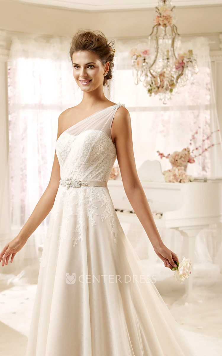 Sweetheart One-Shoulder Draping Wedding Dress With Tulle Strap And Satin Sash