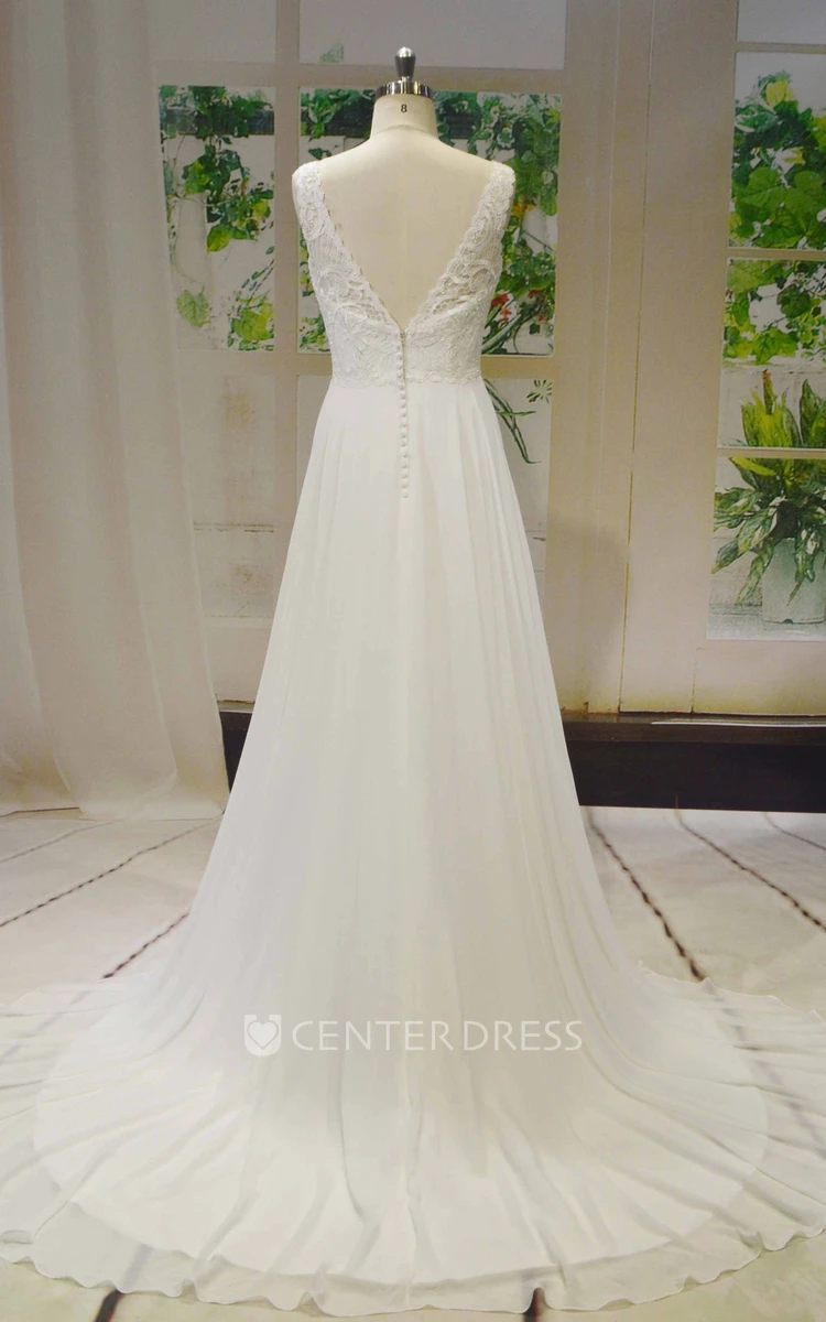 Lace Top V-neck Sleeveless V-back Buttons Chiffon A-line Wedding Dress