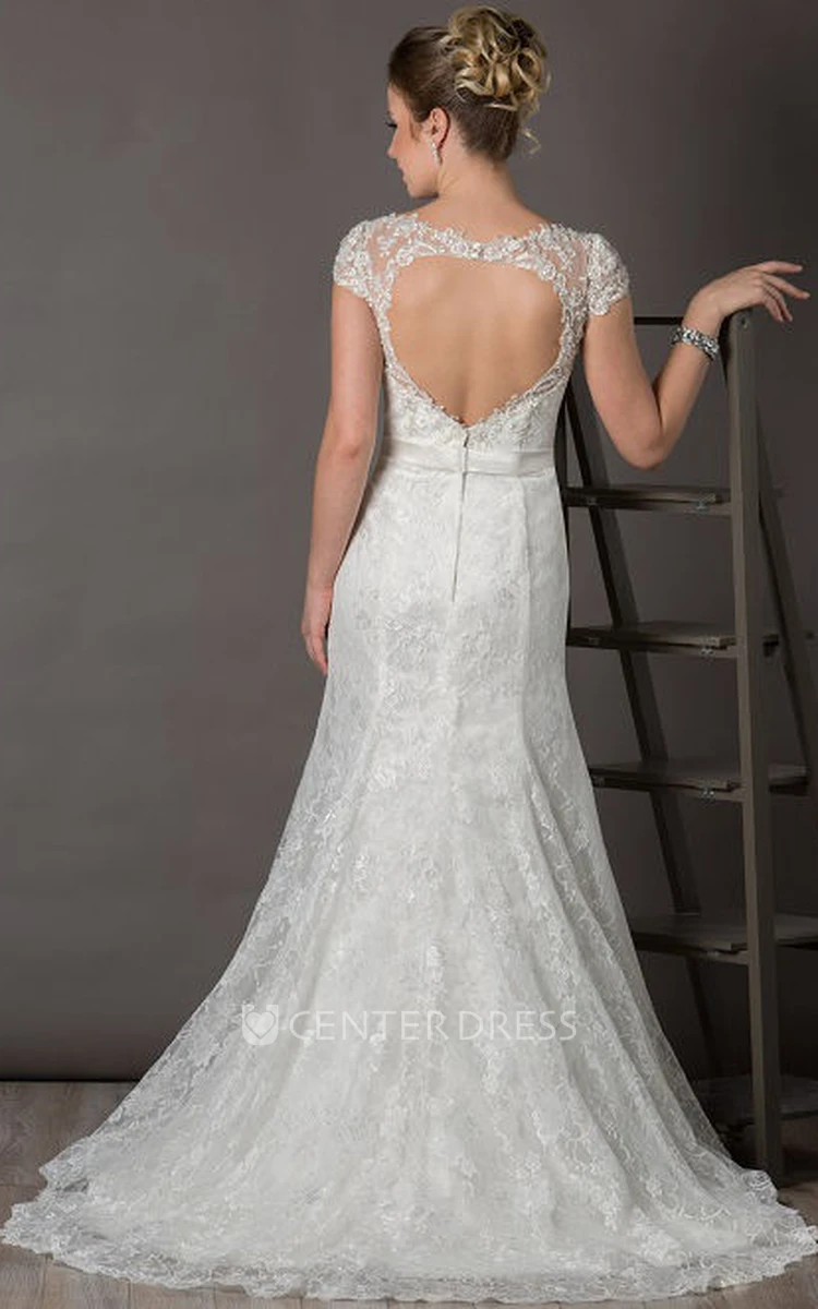 Bateau Cap Sleeve Lace Bridal Gown With Satin Sash And Back Keyhole