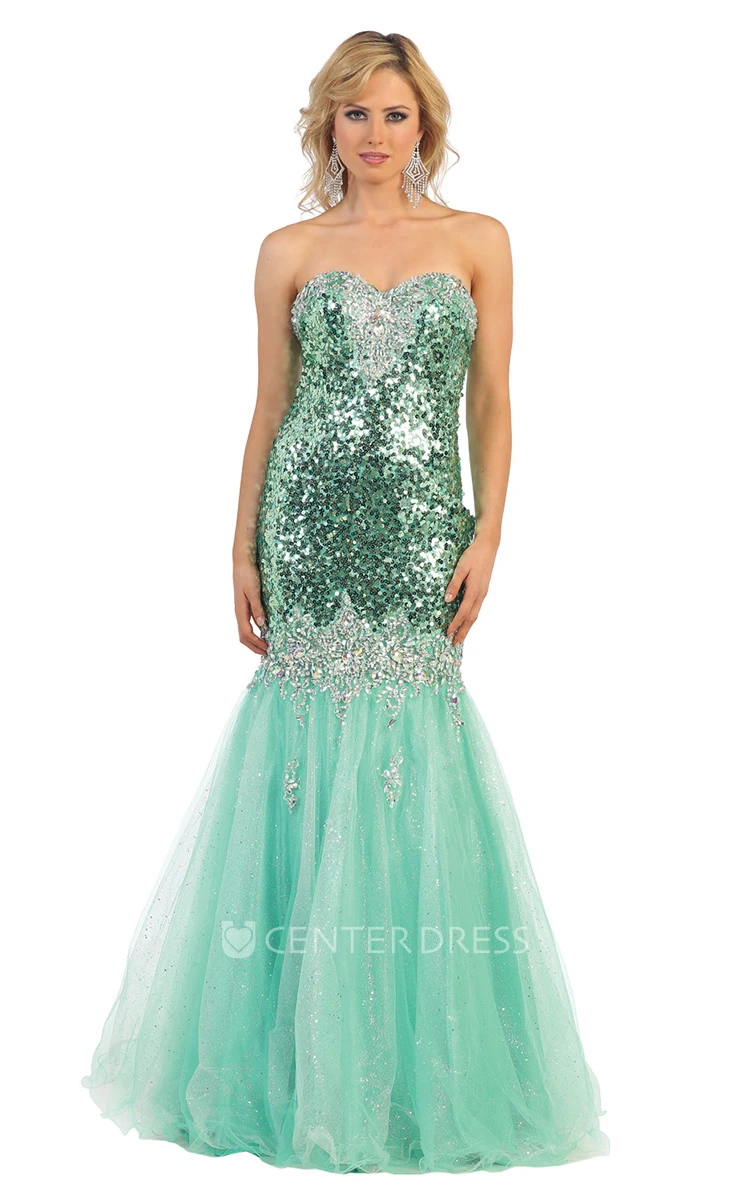 Trumpet Sweetheart Sleeveless Tulle Sequins Dress With Beading