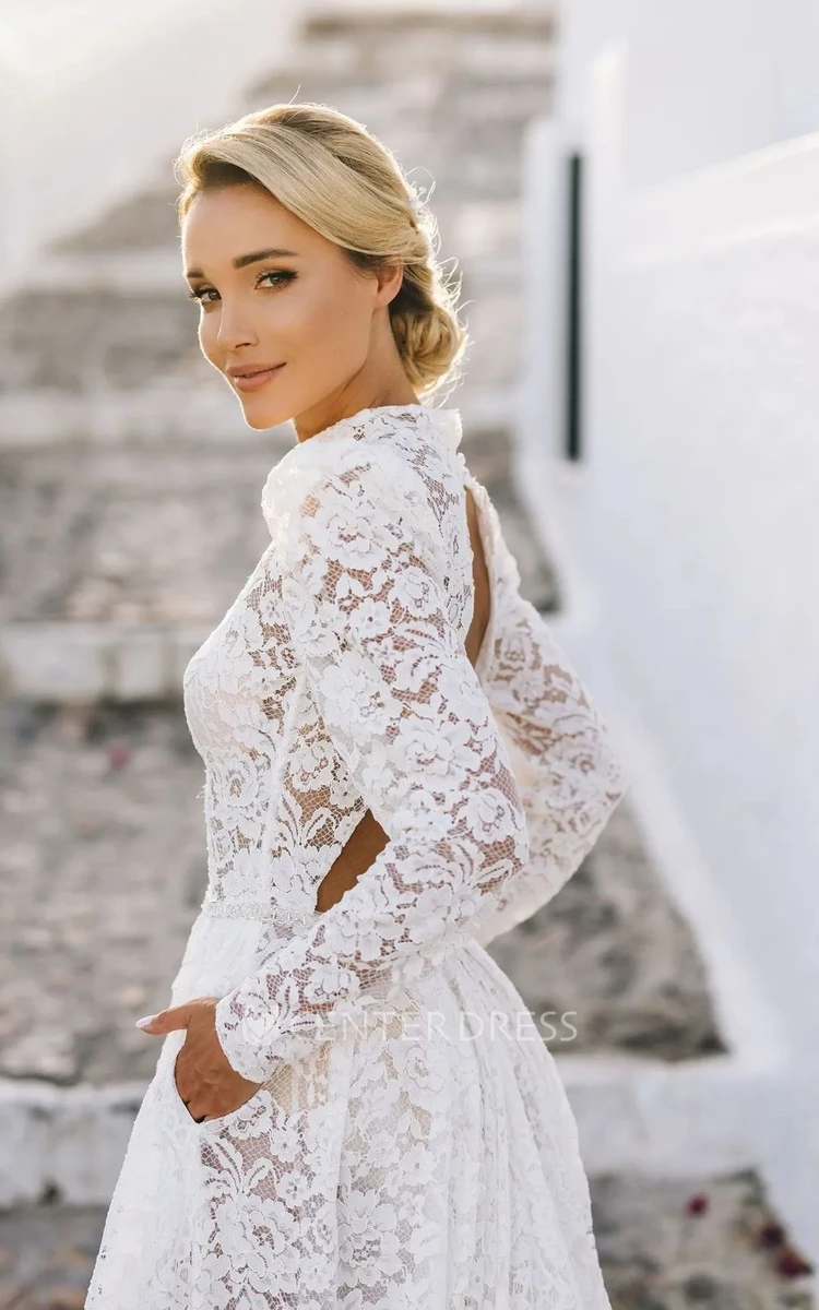 Lace Halter Beach Wedding Dress with Illusion Back Casual & Elegant