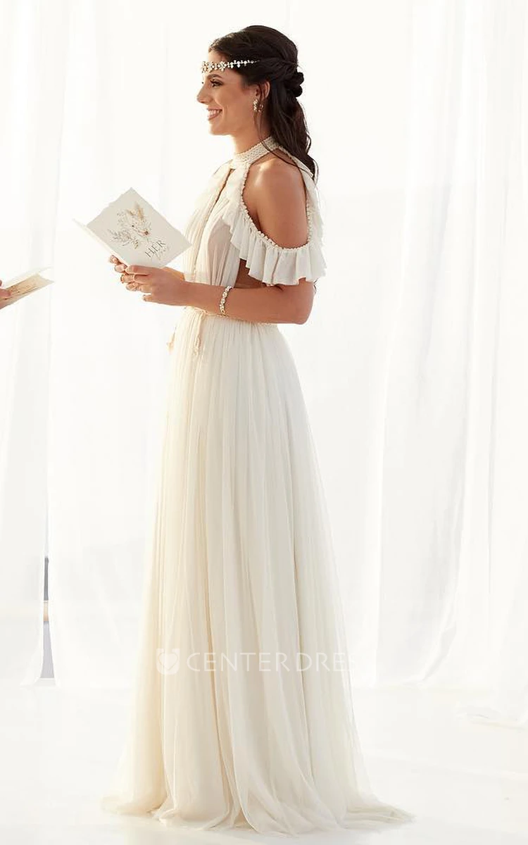 Greek A-Line Off-the-shoulder Tulle Wedding Dress With Button Back And Halter Neckline