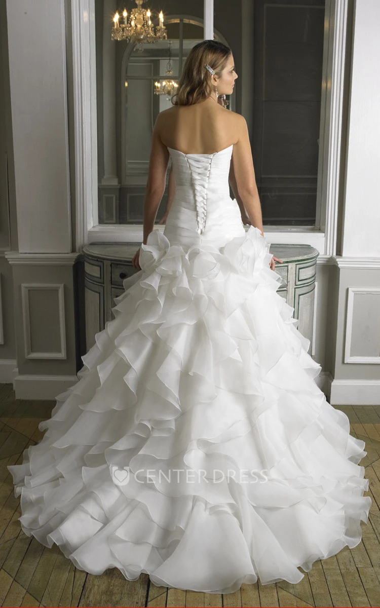 A-Line Strapless Beaded Organza Wedding Dress With Cascading Ruffles And Ruching