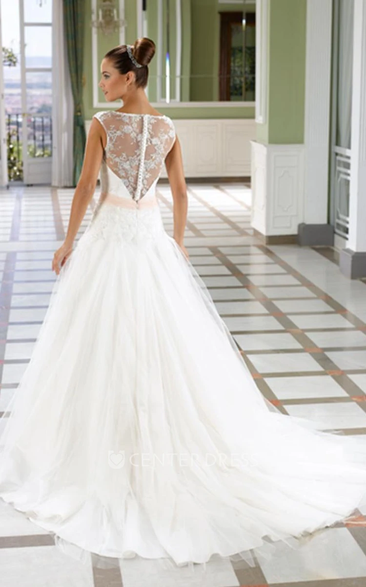 A-Line Sleeveless Floor-Length Square Tulle&Lace Wedding Dress With Court Train And Illusion Back