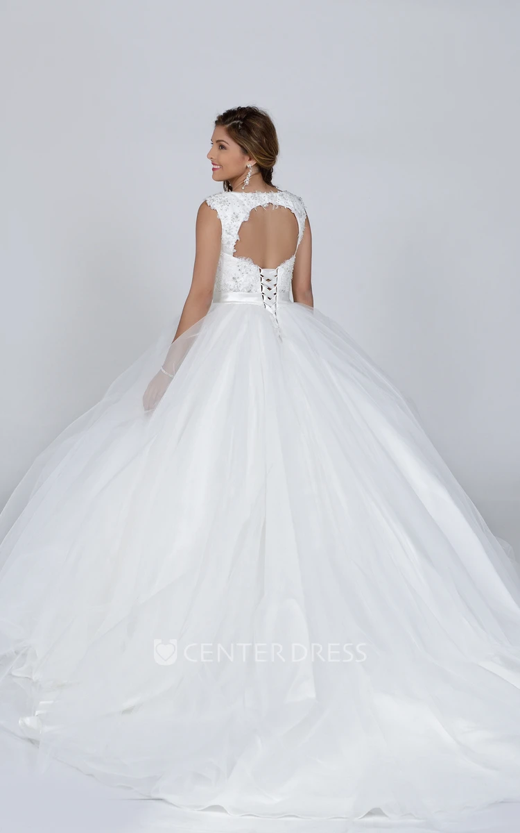 Sleeveless Tulle Ball Gown With Sequined Lace Bodice