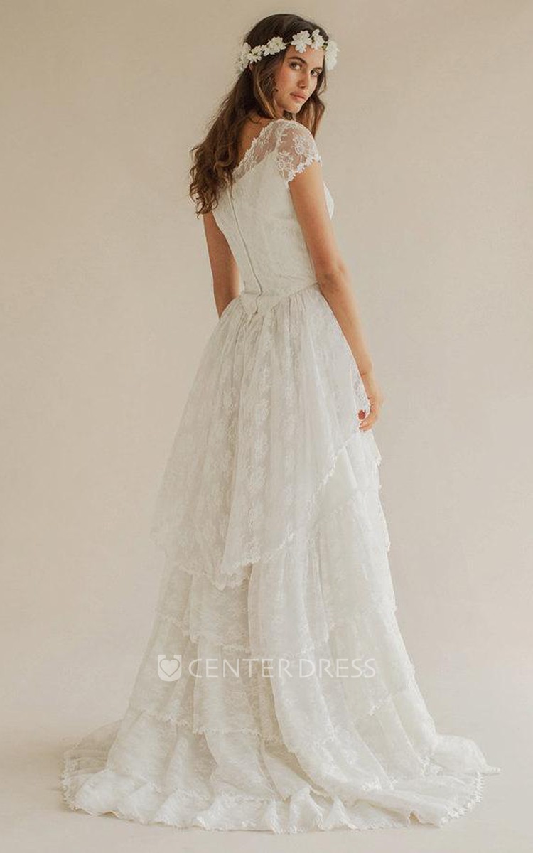 Boho Scoop Neck Cap Sleeve A Line Tiered Weding Dress With Court