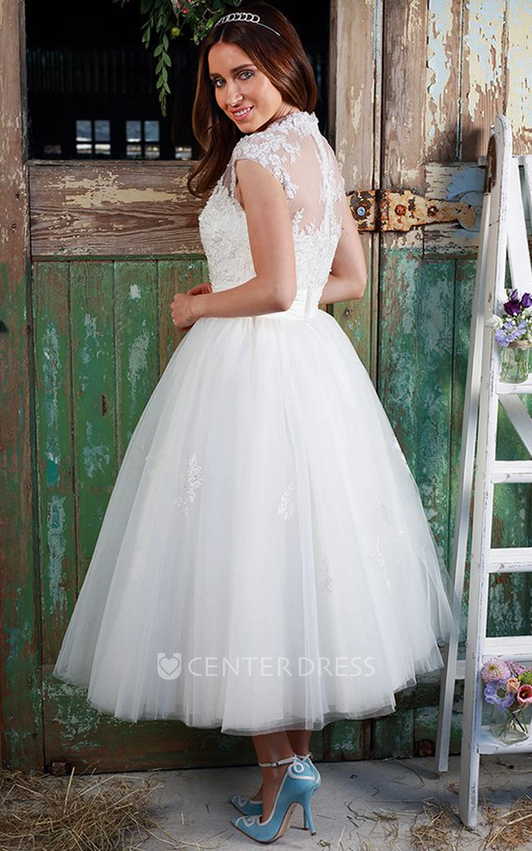 A-Line Tea-Length V-Neck Appliqued Cap-Sleeve Tulle&Lace Wedding Dress