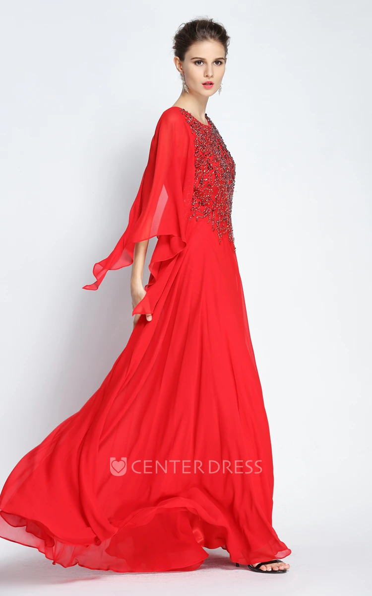 Floor-length Long Sleeve A-Line Jewel Chiffon Prom Dress with Beading and Pleats