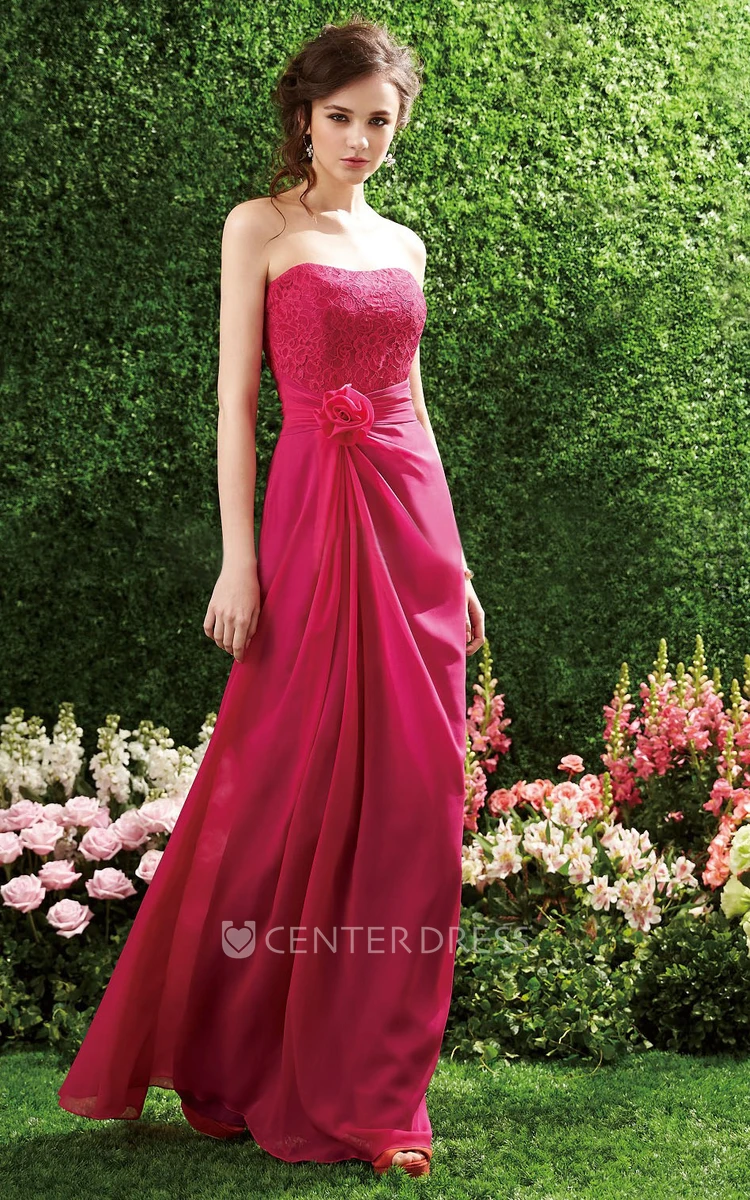 Strapless Long Chiffon Gown with Flower and Lace Bodice