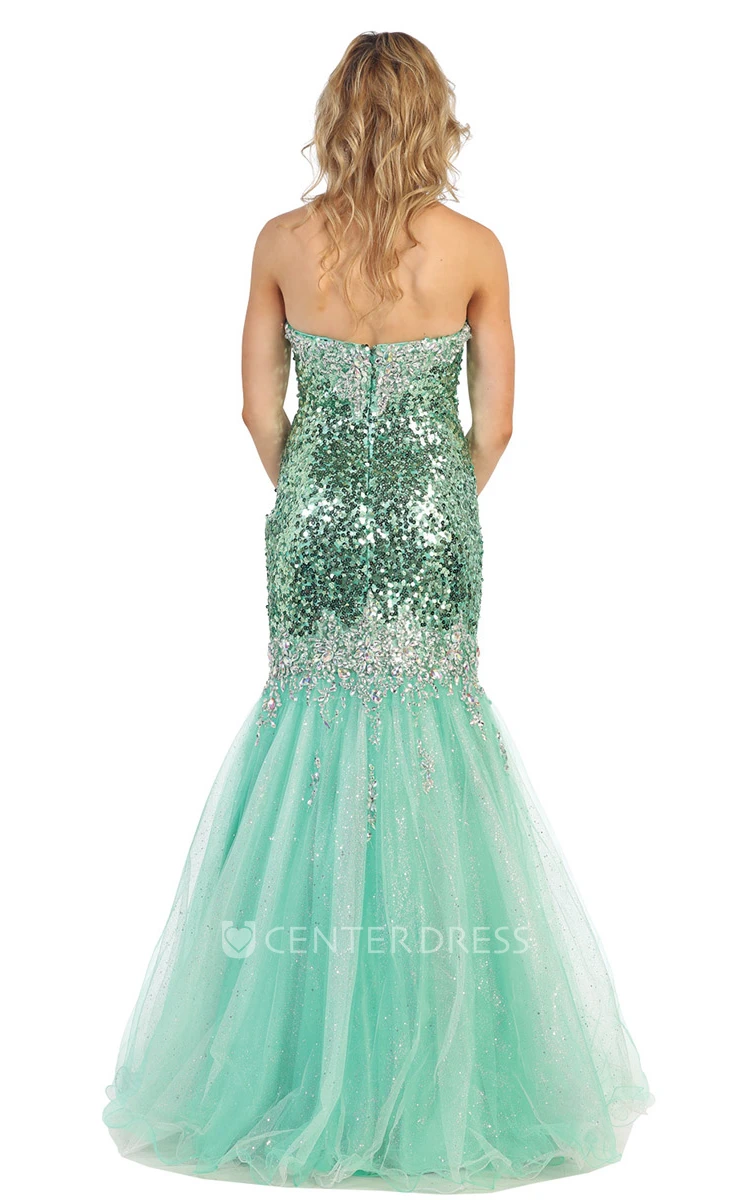 Trumpet Sweetheart Sleeveless Tulle Sequins Dress With Beading