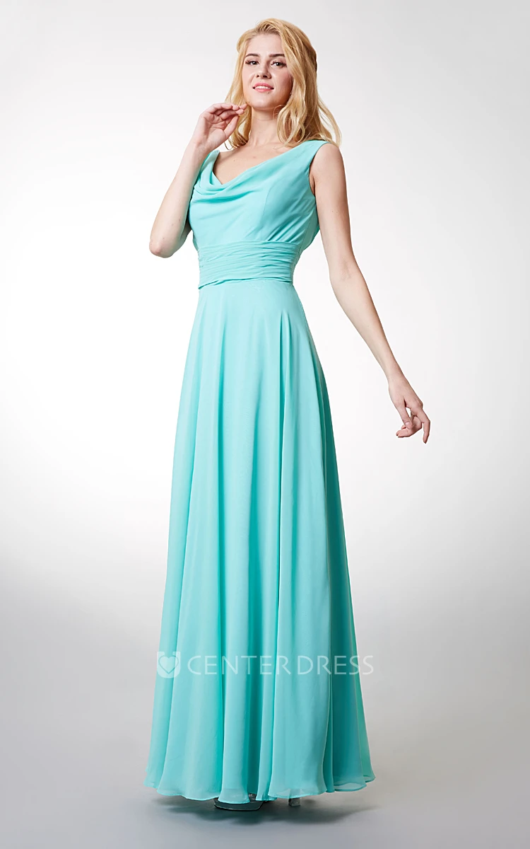 Draped Front Low-v Back Chiffon Gown With Ruched Waist
