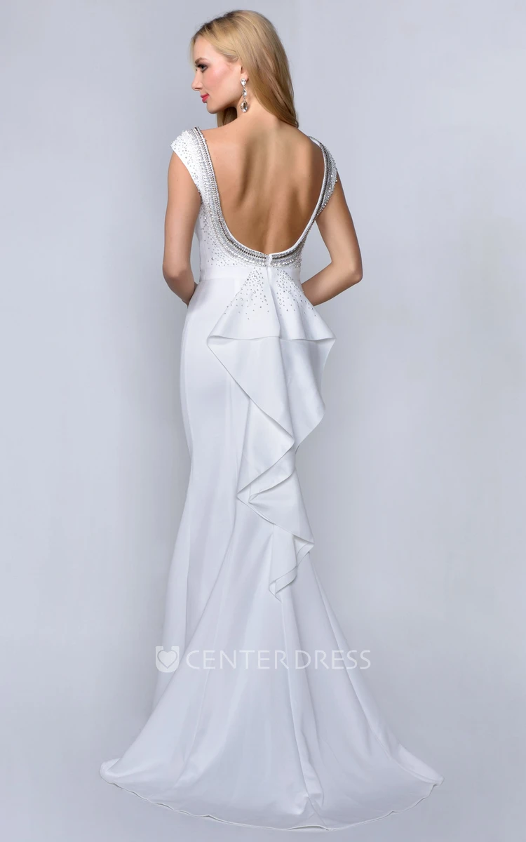 Sheath Bateau Cap-Sleeve Jersey Backless Dress With Beading And Draping