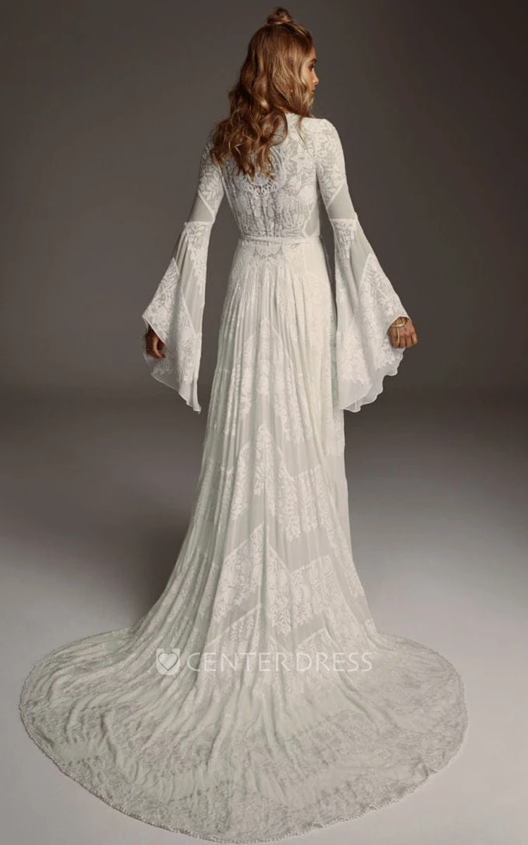Bohemian Lace Wedding Dress V-neck Illusion Back Long Sleeves Country Casual