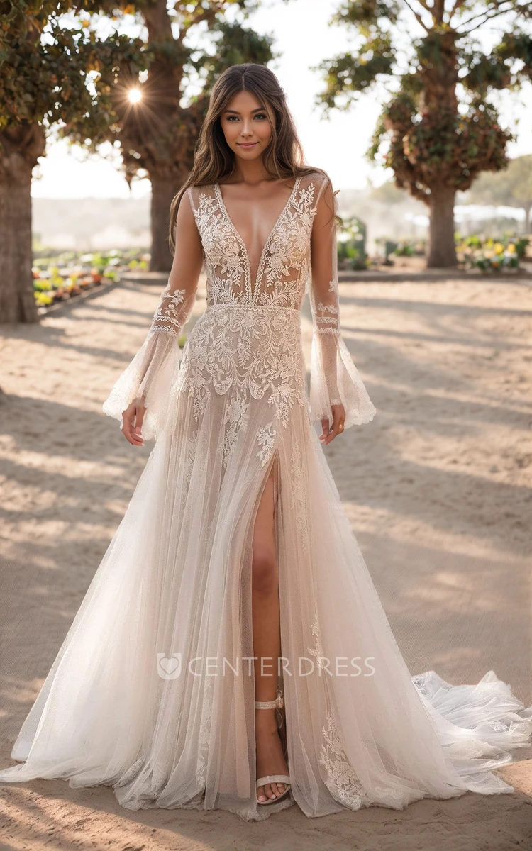 Modern Sexy Bohemian A-Line Lace Wedding Dress Stunning Romantic Long Bell Sleeve Spring Plunging Neckline Split Front Bridal Gown