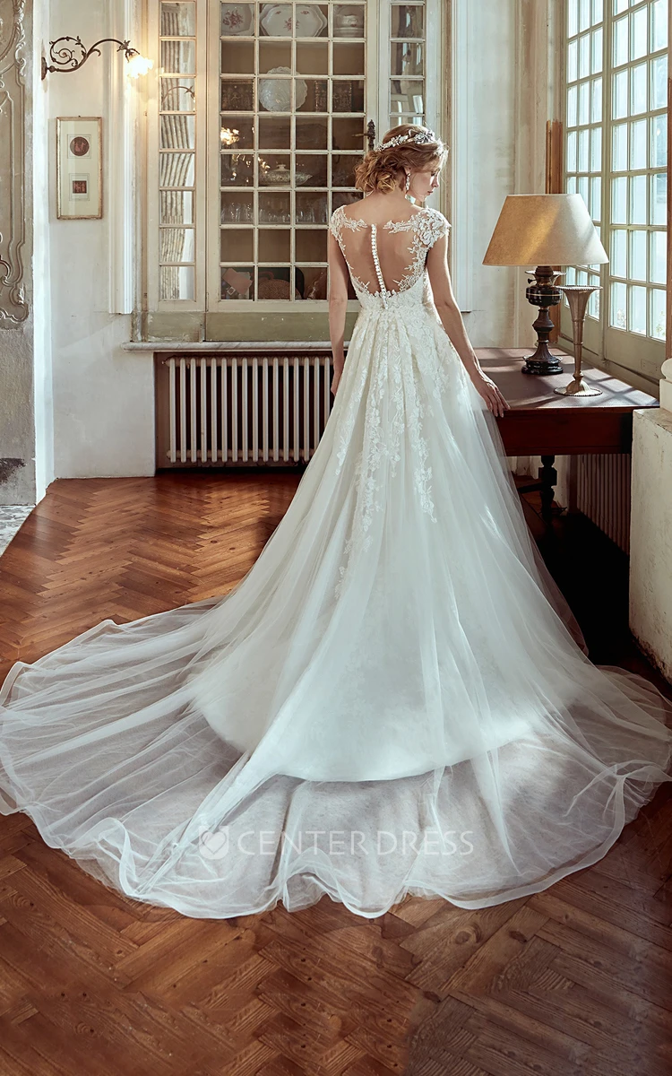 Jewel-Neck Wedding Dress with Cap Sleeves and Beaded Belt