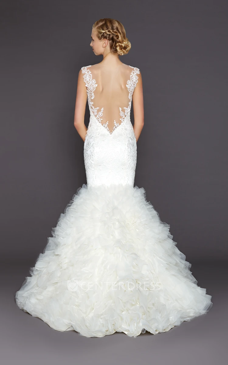 Mermaid Sleeveless Appliqued Floor-Length Spaghetti Lace Wedding Dress With Deep-V Back And Ruffles