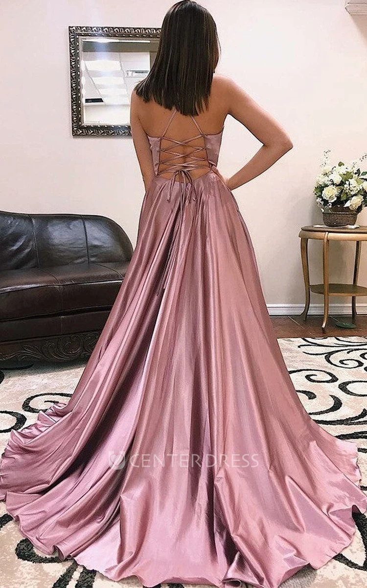 Sexy A-Line V-neck Satin Evening Dress With Tied Back And Split Front