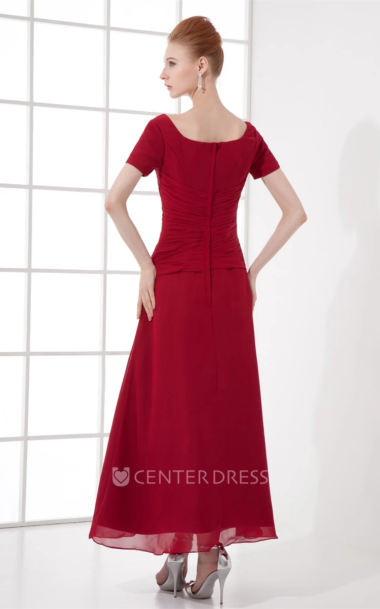 square-neck ankle-length short-sleeve dress with broach and ruching