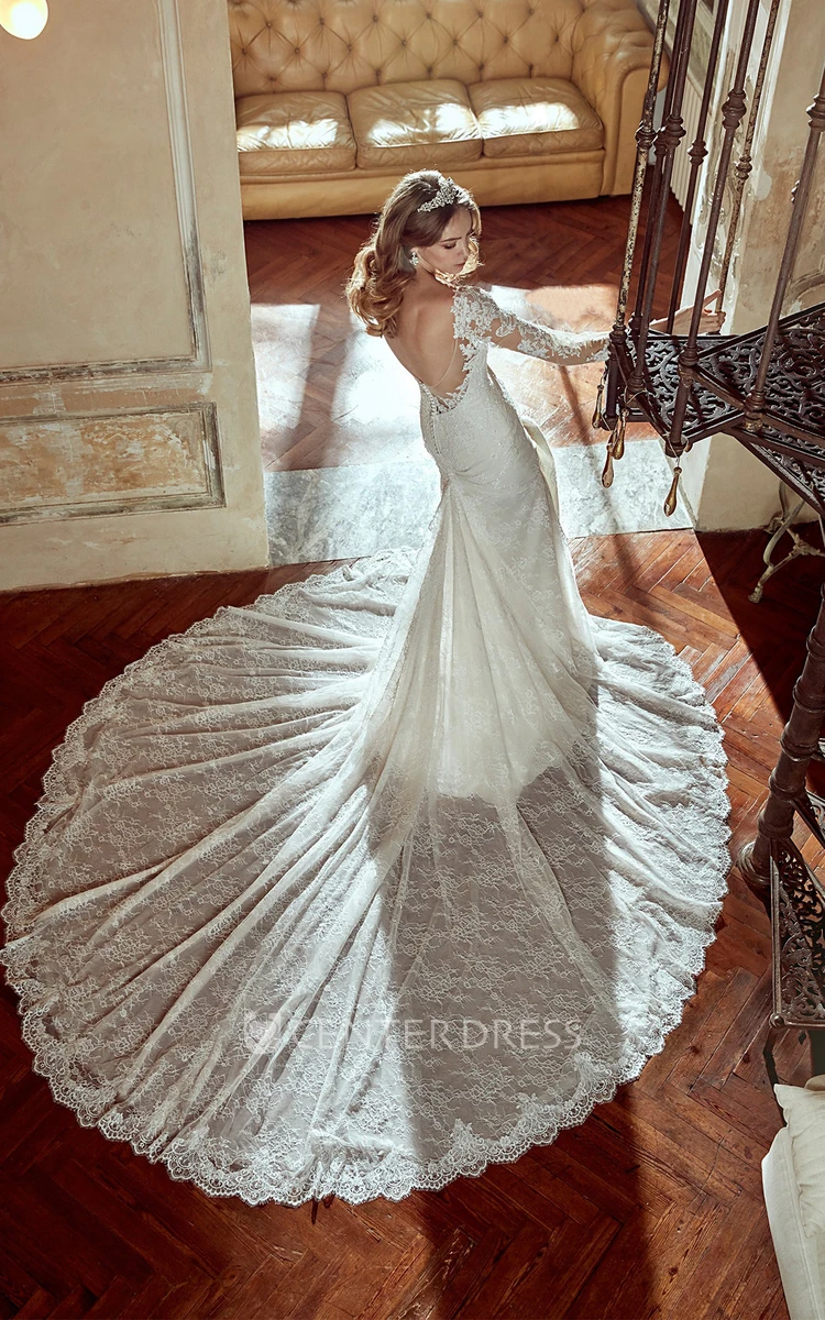 Long-Sleeve Sheath V-Neck Wedding Dress With Illusion And Open Back