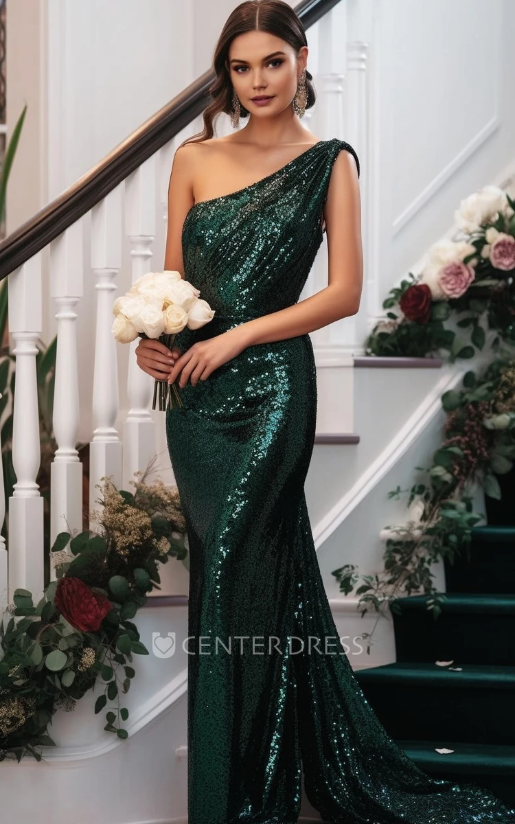 Ethereal Sequin One-Shoulder Bridesmaid Dress with Sweep Train 2024