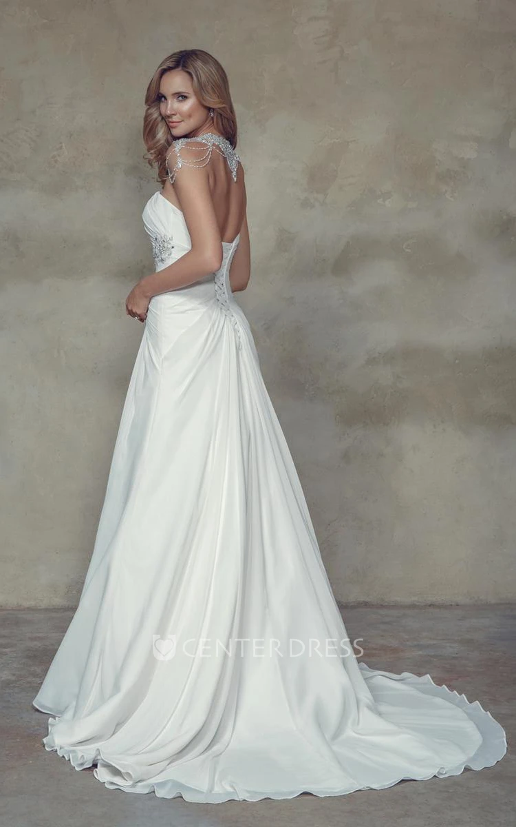 A-Line Criss-Cross Long Sweetheart Wedding Dress With Beading And Corset Back