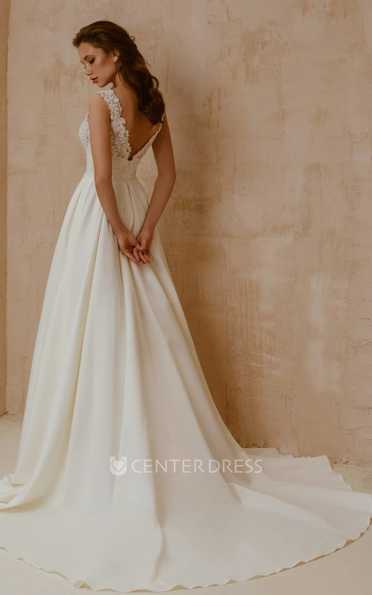 A Line V-neck Satin Lace Sweep Train Short Sleeve Wedding Dress with Low-V Back