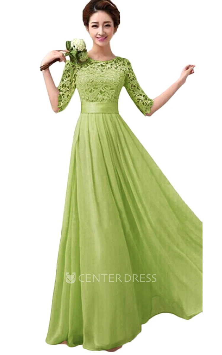 Scoop Half Sleeve Chiffon Long Bridesmaid Gown With Lace Bodice and Belt