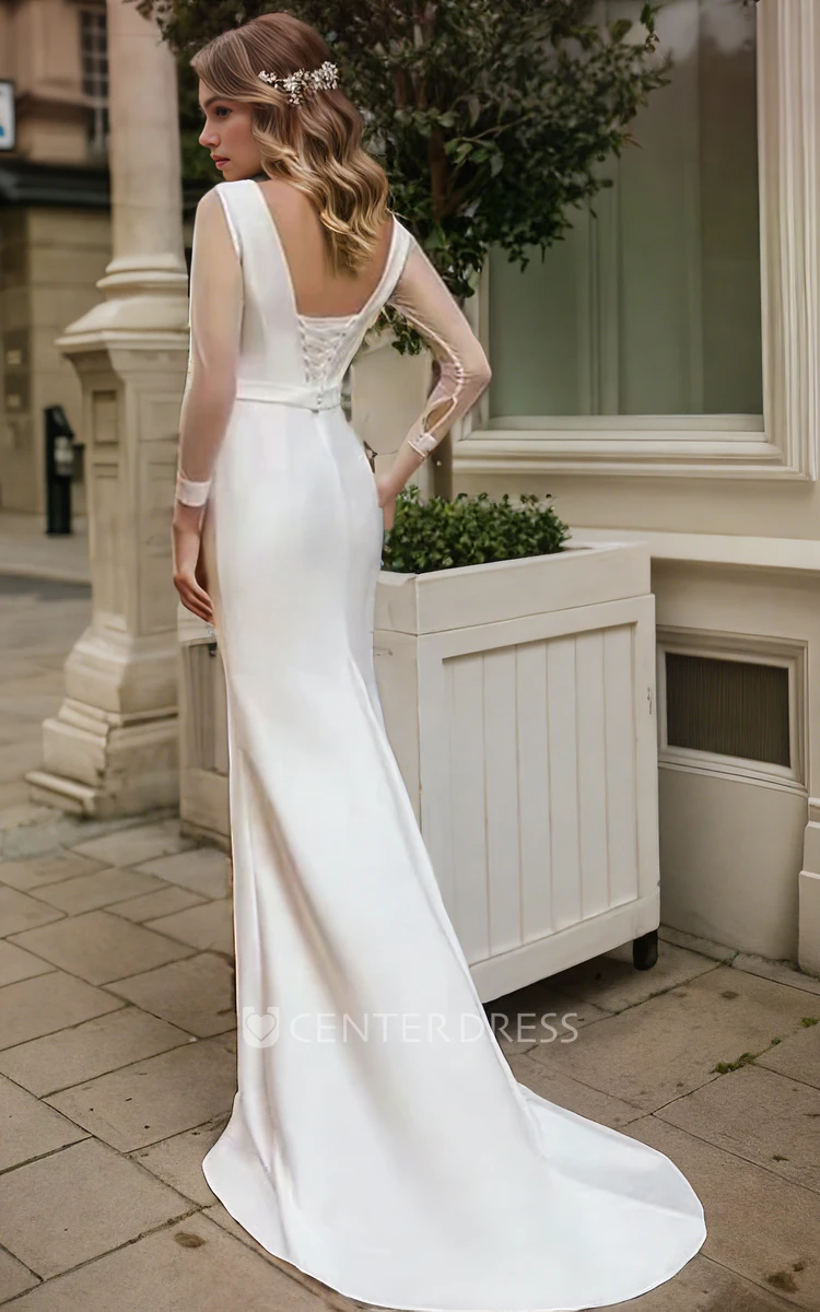 Floor-length Long Sleeve Mermaid Bateau Neck Simple Solid Wedding Dress with Corset Back Sash