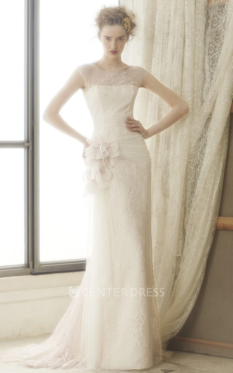Sheath Floor-Length Scoop Cap-Sleeve Floral Lace Wedding Dress With Illusion Back And Sweep Train