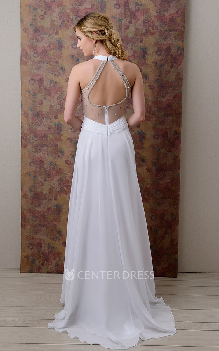 Chiffon A-Line Halter Wedding Dress With Ruching And Crystal Detailing