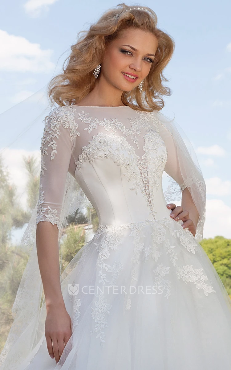 Ball Gown Bateau Neck Illusion Sleeve Appliqued Tulle Wedding Dress