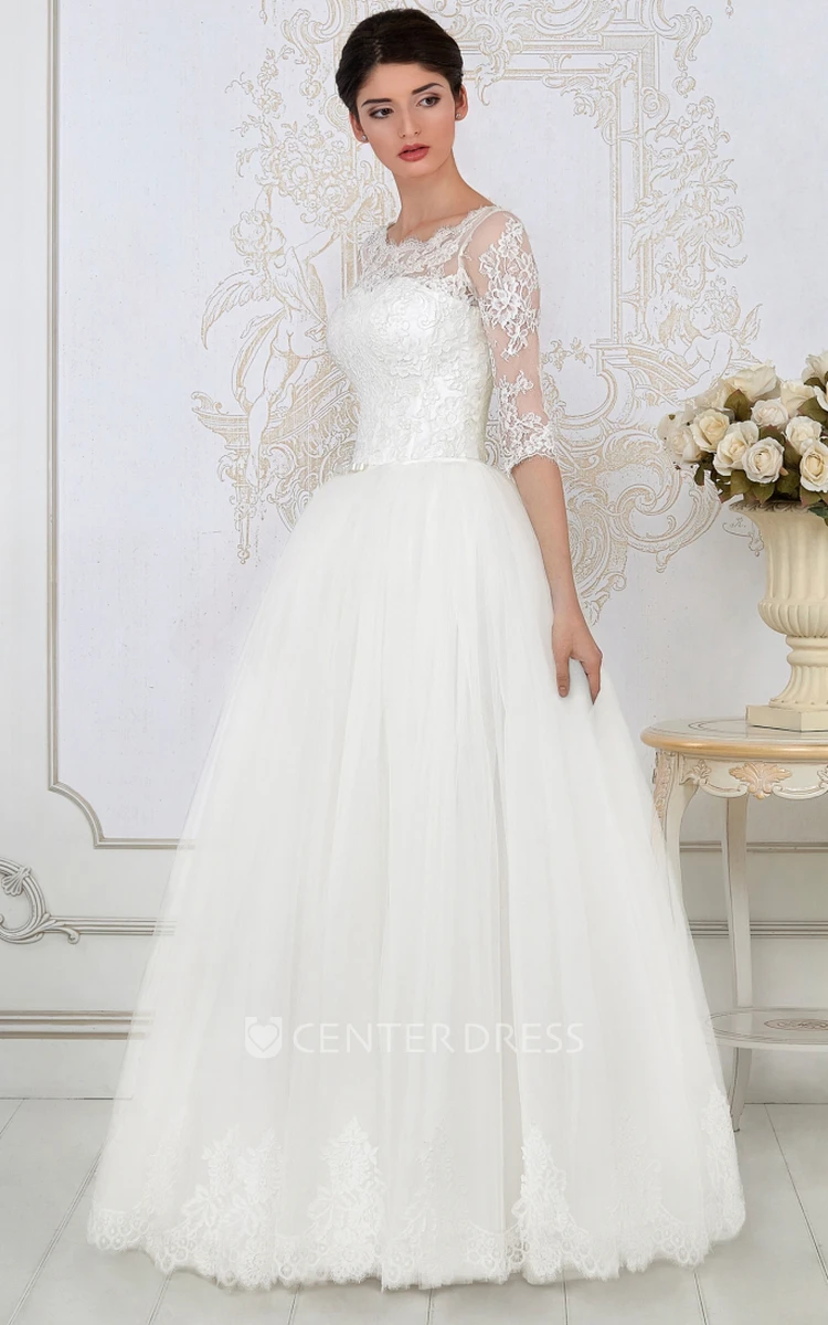 A-Line Scoop-Neck Half-Sleeve Tulle Wedding Dress With Lace Up