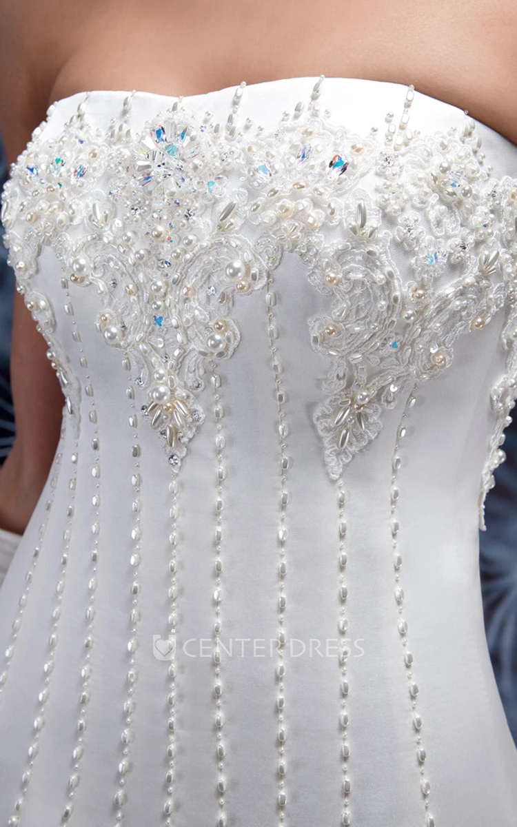 A-Line Sleeveless Floor-Length Ruffled Strapless Satin Wedding Dress With Beading