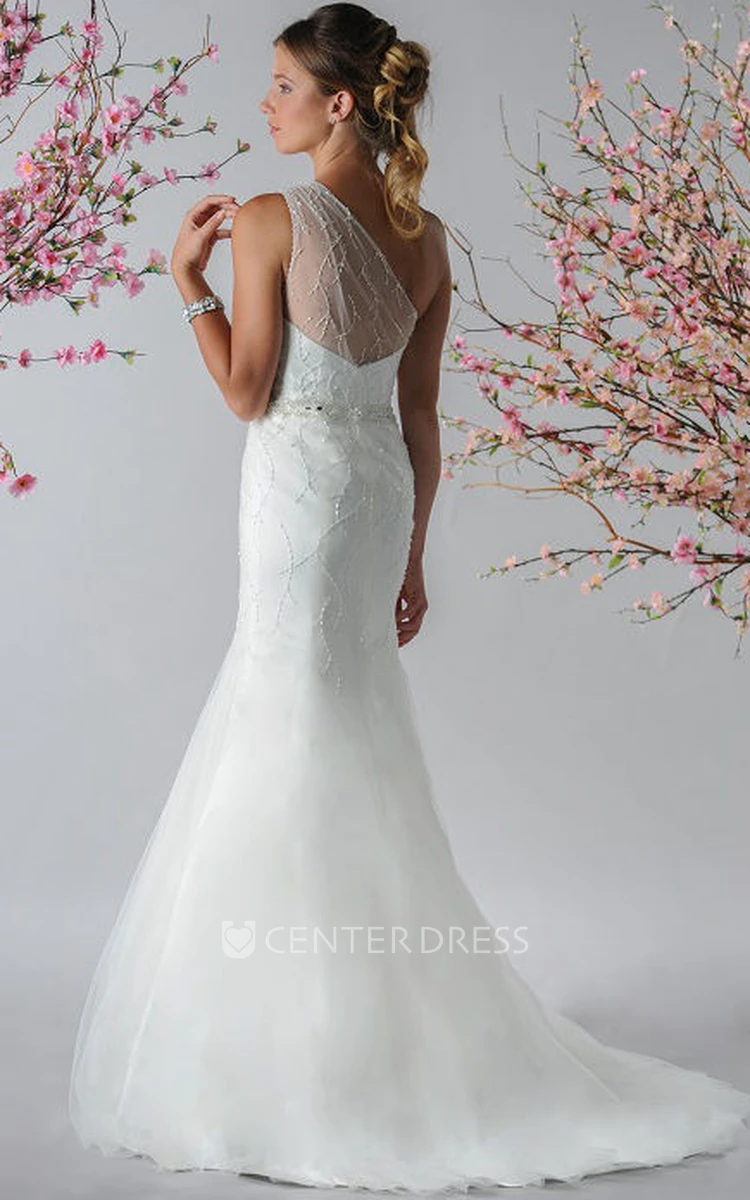 Illusion Tulle Single Strap Mermaid Bridal Gown With Crystal Waist