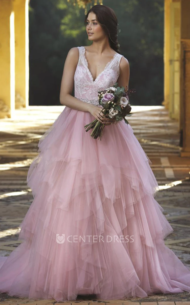 A-Line Cascading-Ruffle Sleeveless V-Neck Floor-Length Tulle Wedding Dress With Lace And Waist Jewellery