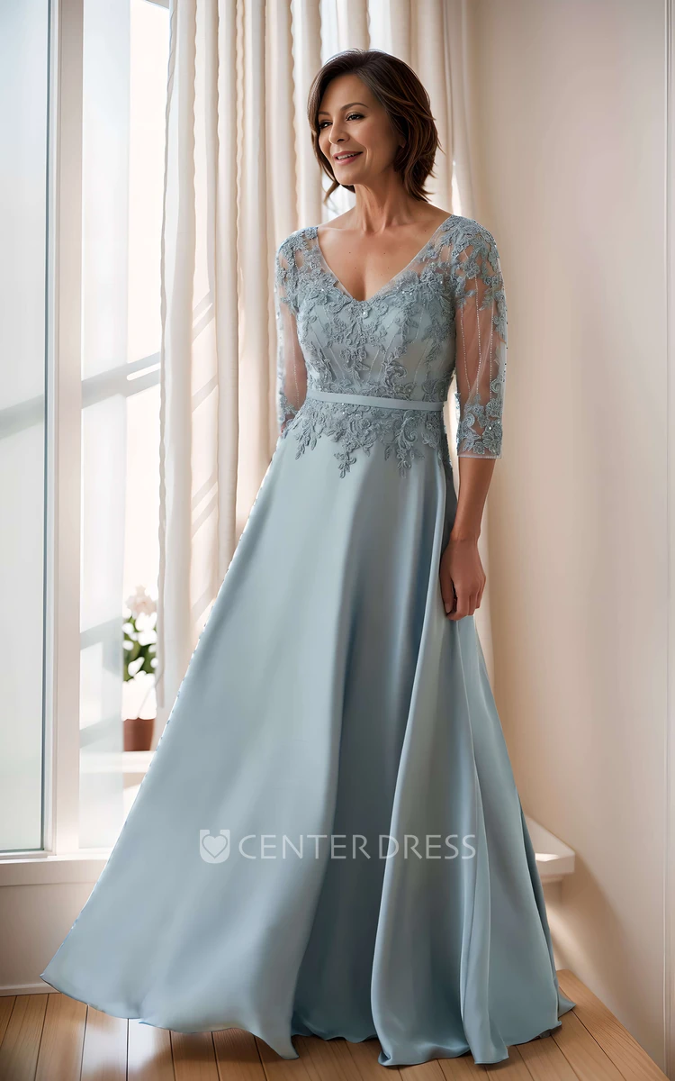 A-Line Mother of the Bride Elegant Floor Length Prom Dress V-neck with Zipper Back Lace Appliques