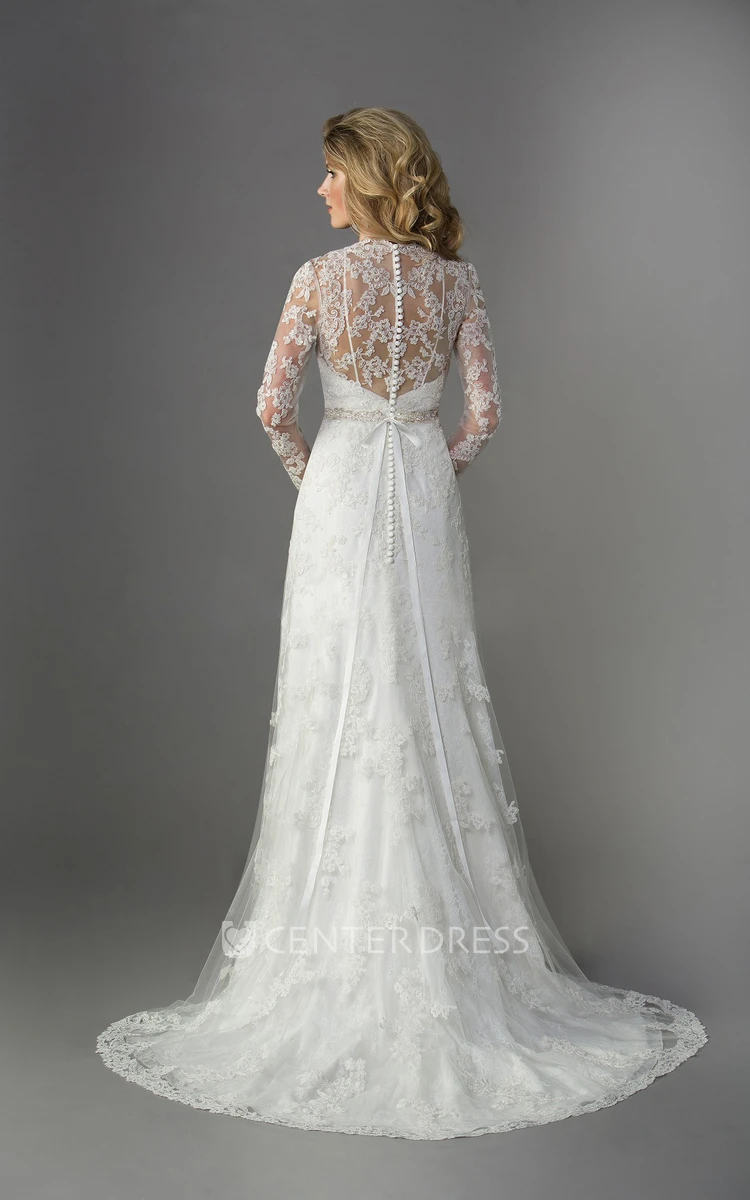Long-Sleeved V-Neck A-Line Long Wedding Dress With Illusion Appliqued Sleeves