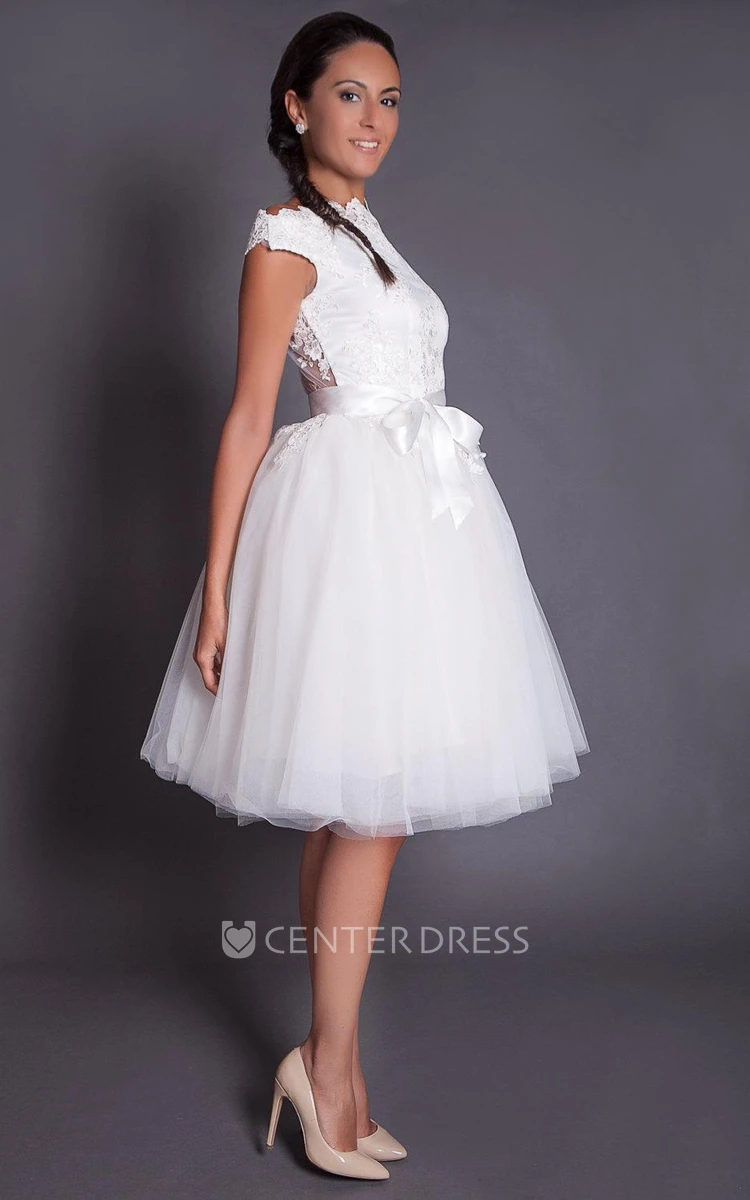Short Knee Length A-Line Tulle Wedding Dress With Satin Sash