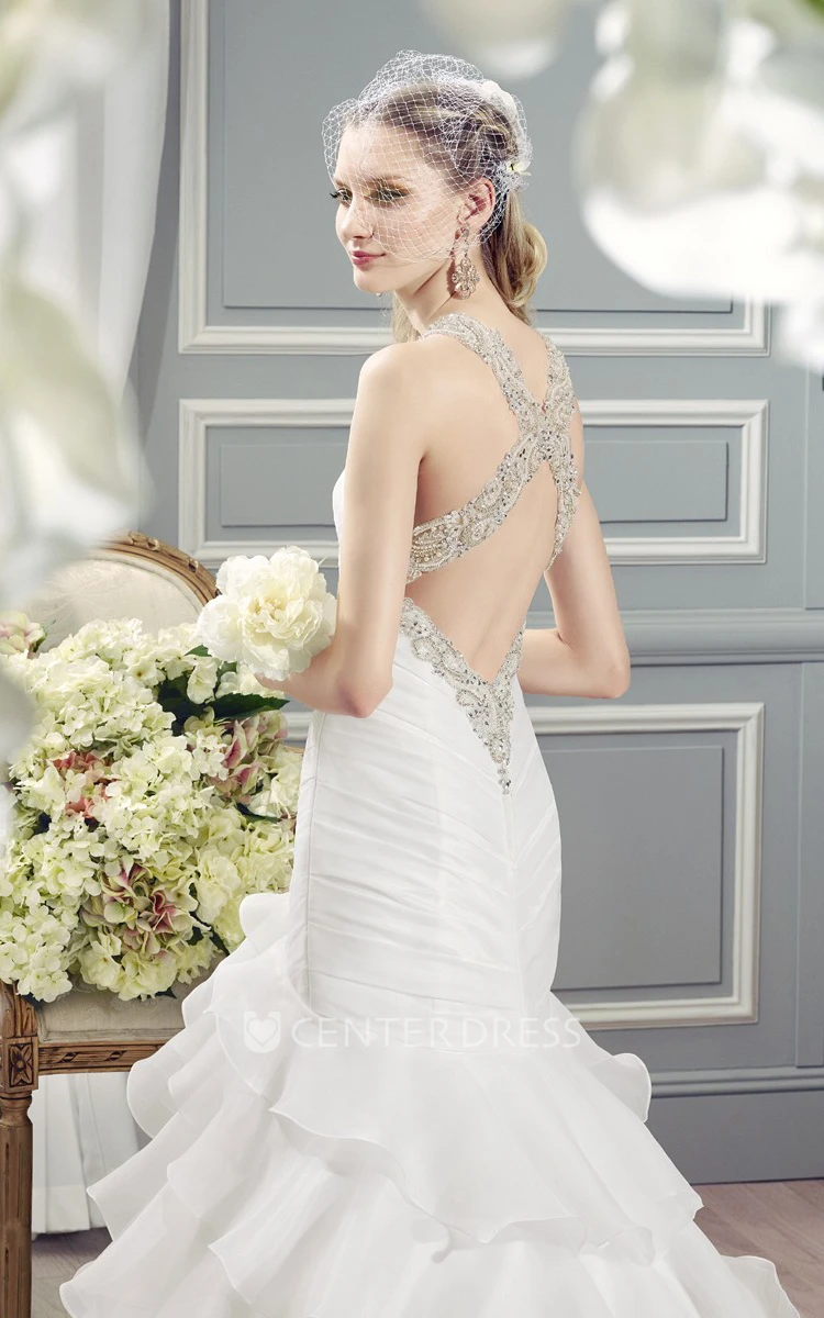 A-Line Sleeveless Floor-Length Ruffled Strapless Organza Wedding Dress With Tiers And Beading